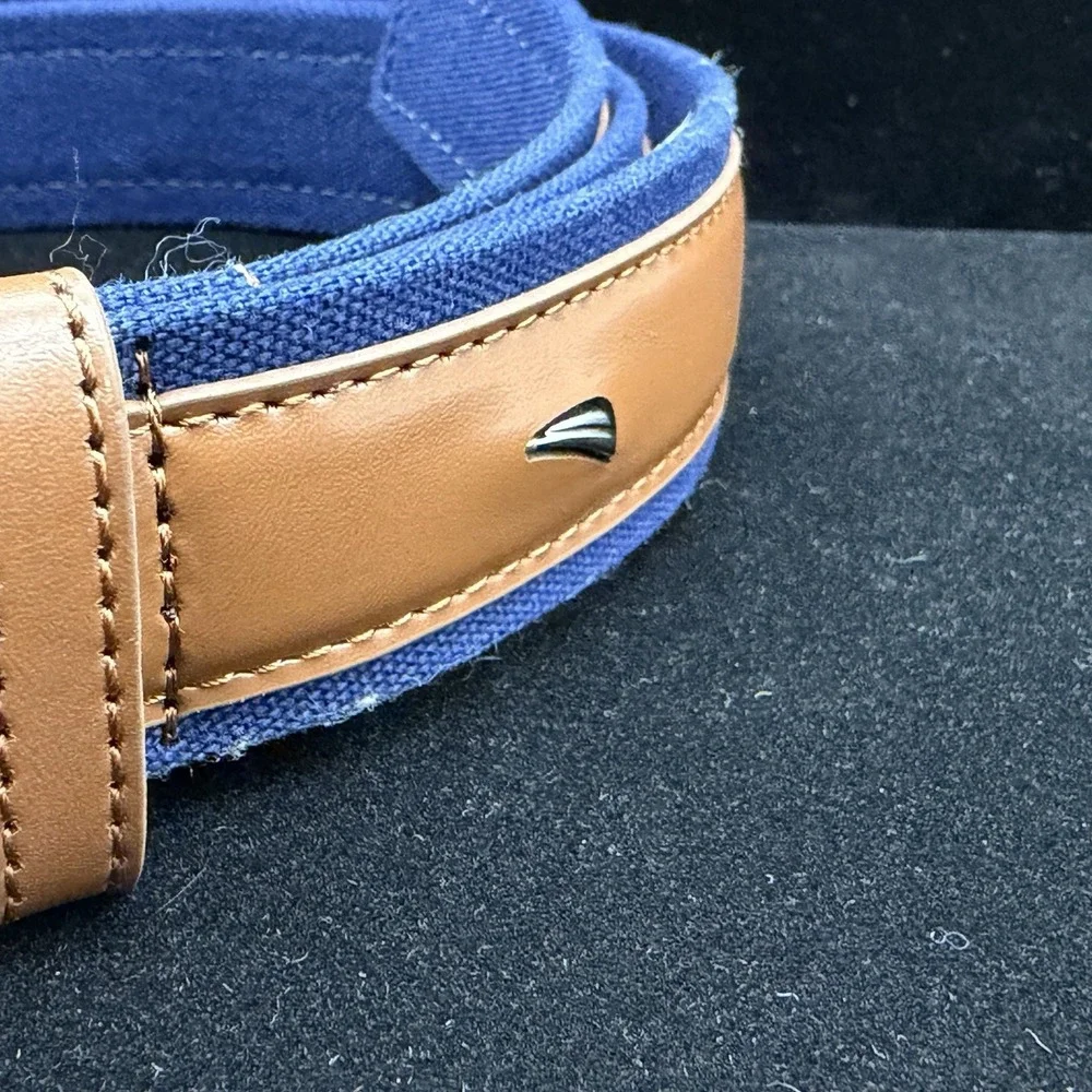 New Nautica Men's Signature Canvas Leather Overlay Belt Navy Cognac Size 42